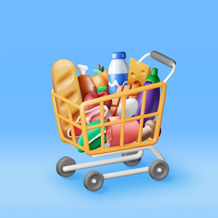3D Shopping Plastic Basket with Fresh Productsのイラスト素材