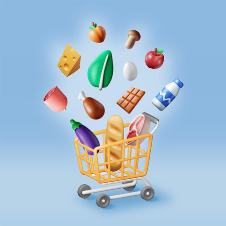 3D Shopping Cart with Fresh Products. Render Grocery Store, Supermarket. Food and Drinks. Milk, Vegetables, Meat Chicken, Cheese, Sausage, Salad, Bread Chocolate Egg. Vector illustrationのイラスト素材