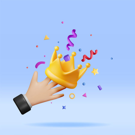 3D Gold Crown in Hand and Confetti. Render Colorful Confetti Around Crown. Symbol for VIP, Rich, Winner Luxury Premium Success. Customer Feedback, Rating or Status Signs. Realistic Vector Illustrationのイラスト素材
