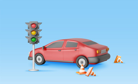 3D Sedan Car with Traffic Cones and Traffic Lightsのイラスト素材