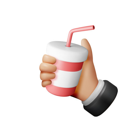 3d Realistic Red Disposable Cup with Straw in Handのイラスト素材