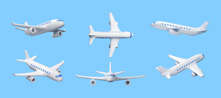 3D Set of White Realistic Airplaneのイラスト素材