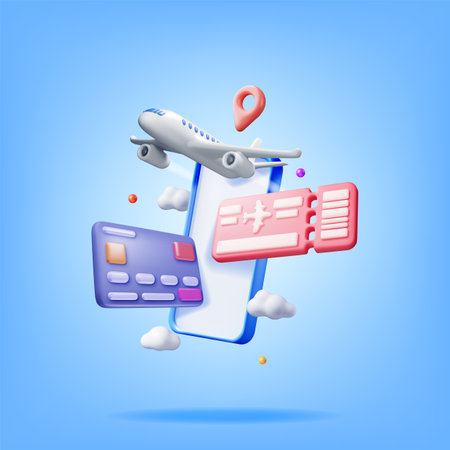 3d Airline Ticket, Airplane and Phone. Render Paper Ticket with Plane Icon, Tear Line and Barcode. Online Booking, Search Tickets App. Holiday or Vacation. Transportation Document. Vector Illustrationのイラスト素材