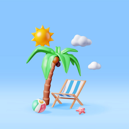 3D Deck Chair, Swim Ball, Starfish and Palm Tree.のイラスト素材