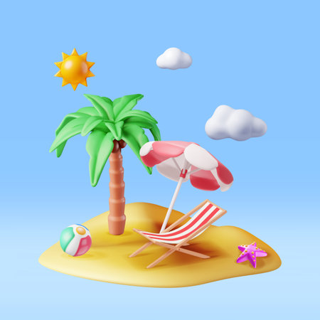 3D Deck Chair, Swim Ball, Starfish and Palm Tree.のイラスト素材