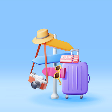 3d Airline Ticket, Travel Bag, Camera and Pointerのイラスト素材