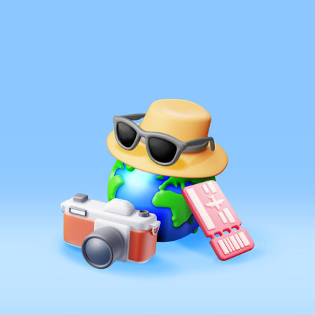 3d Airline Ticket, Sunglasses Camera and Globe