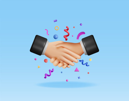 3D handshake gesture and confetti isolated. Render concept of shaking hands. Relations of partnership. Business people partners handshake. Successful transaction, agreement, deal. Vector illustrationのイラスト素材
