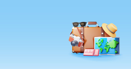 3d airline ticket travel bag, photo camera and hatのイラスト素材