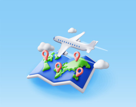3D airplane in clouds and paper mapのイラスト素材