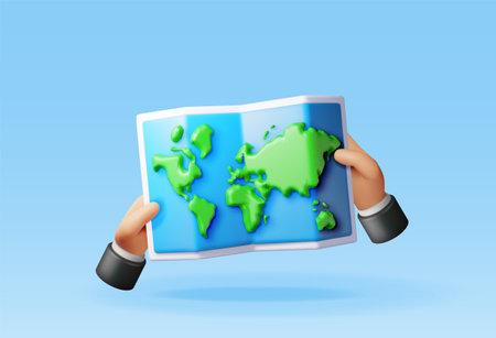 3D cartoon folded world map in handのイラスト素材