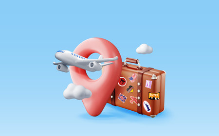 3d vintage travel bag, location pin and airplane