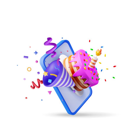 3D smartphone and cake with candle and confettiのイラスト素材