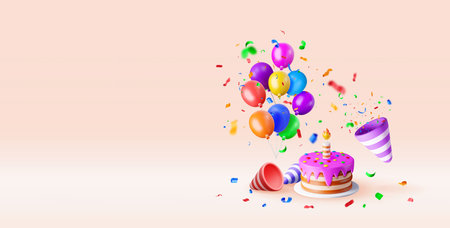 3D cake, balloon and popper with confettiのイラスト素材