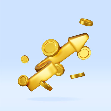 3D growth stock chart arrow with golden coinsのイラスト素材