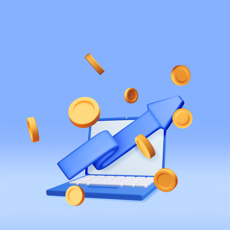 3D growth stock coin chart and arrow on laptopのイラスト素材