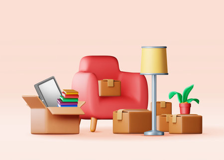 3D cardboard box pile with home goods isolatedのイラスト素材