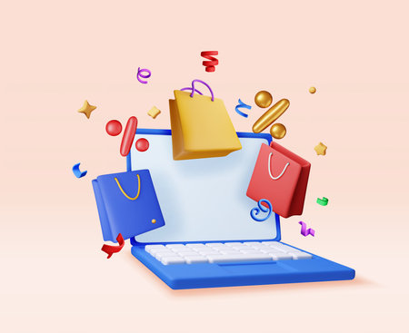 3D laptop with shopping bag in confettiのイラスト素材