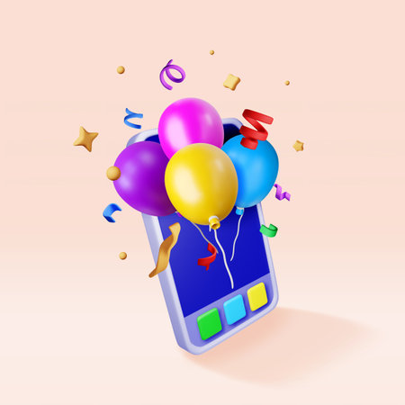 3D smartphone with bunch of balloons flyingのイラスト素材