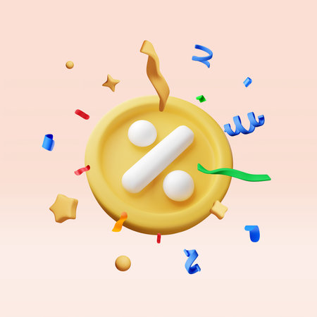 3D color confetti around golden percent coinのイラスト素材
