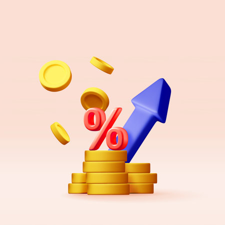 3D growth stock chart arrow with percent and coinsのイラスト素材