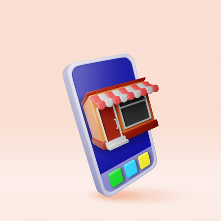 3D striped awning shop in smartphone.のイラスト素材