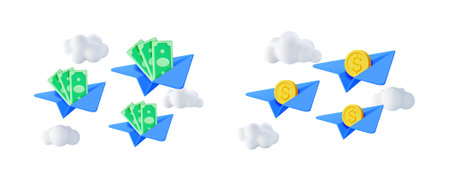 Paper planes carrying dollar bills and coins. Financial transaction via air. Global money transfer...