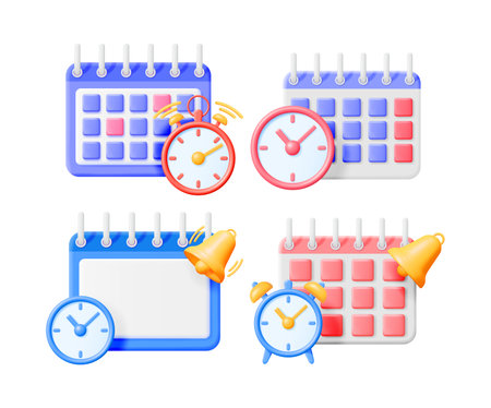 3d vector illustration set of appointment calendar with various clocks and bells. Schedule, time management concept.のイラスト素材