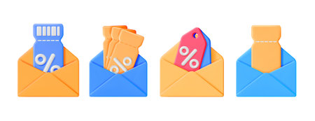 Envelopes delivering various discount coupon tickets and tags. Retail promotions and online shopping. Cyber monday. Special offers.のイラスト素材