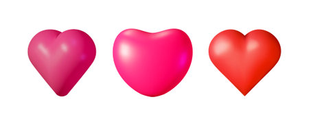 Three isolated colorful 3d hearts in a row. Glossy objects for love and romance design. Vector illustration set ideal for romantic concepts.のイラスト素材
