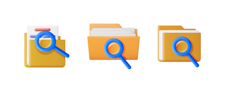 Three yellow folders with blue magnifying glass icon for document search. File management and data...
