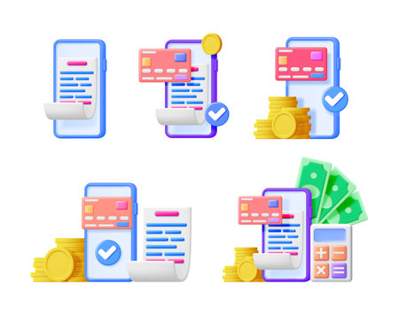 Mobile phone with credit card and money representing online payment and expense management. Digital banking concept. Vector 3d illustration for financial application.のイラスト素材