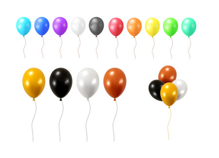 Colorful helium balloon set. Bright glossy party baloon for birthday celebration, anniversary event, or wedding adornment.のイラスト素材