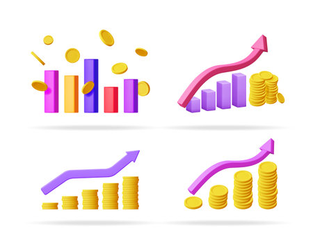 3d vector illustration set of financial graphs and coins showing market growth concept for business presentations.のイラスト素材