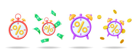 Discount and special offer concept with 3d alarm clock and flying money. Time sale promotion and limited deals.のイラスト素材