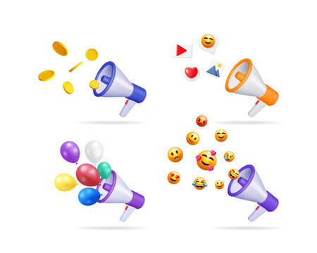 Megaphone set with promotion icons and 3d vector illustrations of social media marketing and event announcement elements.のイラスト素材