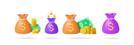 3d vector illustration of money bag with dollar sign and falling coins. Financial savings and investment concept for business.のイラスト素材