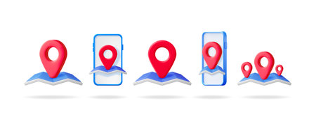 Red location pin on abstract map with smartphone. GPS navigation and routing map app. Location tracking and travel concept.のイラスト素材