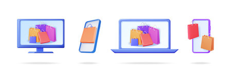 Online shopping application on electronic devices. Digital commerce concept with shopping bags. Ecommerce purchasing via computer, laptop and smartphone.のイラスト素材