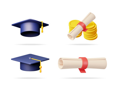 Set of 3d vector illustrations depicts graduation cap, diploma, and coin. Academic success and financial stability concept for educational content.のイラスト素材