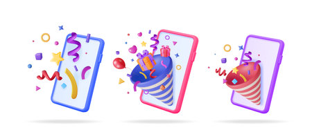 Mobile phone with festive party popper and flying confetti. Online celebration, digital event, or special offer concept for marketing.のイラスト素材