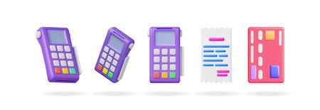 3d vector set collection of payment terminal, paper receipt, and bank card. Online payment method and financial transaction concept for e-commerce.のイラスト素材