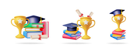 3d vector set collection with golden trophy, stacked books, graduation cap and diploma scroll. Education, academic achievement concept.のイラスト素材