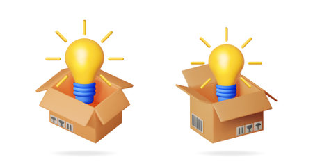 Yellow glowing light bulb emerges from a brown cardboard box. Surprise new idea concept, thinking outside the box, innovation.のイラスト素材