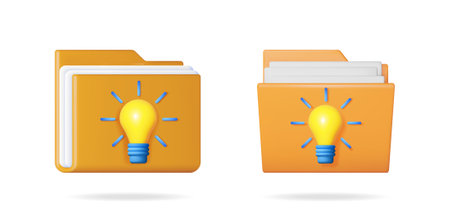 Two orange 3d vector folder icons with a light bulb symbol. Creative idea and solution concept for digital data storage.のイラスト素材