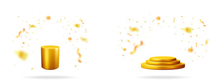 Golden 3d podium with scattered confetti. Gold cylinder pedestal with shiny particles. Realistic award stage for product display winner's promotion.のイラスト素材