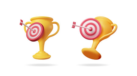 Gold trophy cup with target and arrow hitting bullseye. Victory and achievement concept for success business goal.のイラスト素材