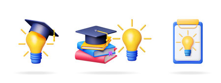 3d vector set with graduation cap and light bulb symbolizing idea and knowledge, and books for education concept.のイラスト素材