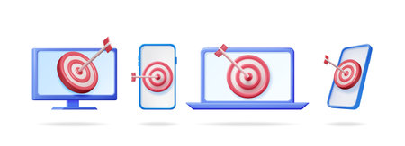 3d vector set collection of dartboard with arrow in digital devices. Target concept for marketing,...