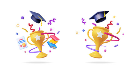 3d vector set collection of graduation cap, golden trophy cup and books with confetti elements for education award.のイラスト素材